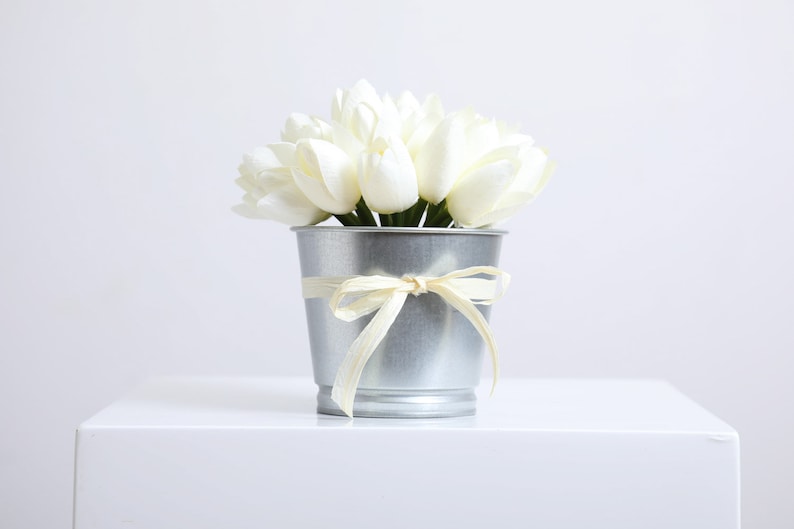 Mini Tulip Faux Floral Everyday Spring Arrangement Centerpiece in Metal Tin White Mini Tulip