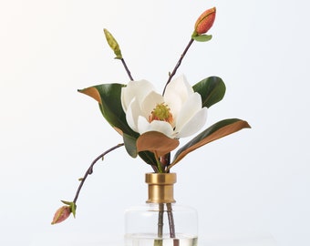 Real Touch Magnolia Bloom & Bud In Small Gold Rim Bottle Vase Everyday Spring Water Illusion Arrangement