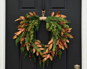 Primitive Red Bell, Gold Copper Sparkle Bay Leaf & Winter Mixed Forest Greens Front Door Christmas Wreath