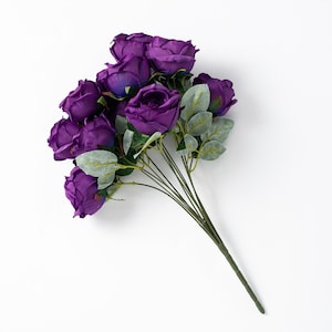One Dozen Purple Silk Rose Blooms Faux Floral Bush Stem Bouquet - 19&quot;