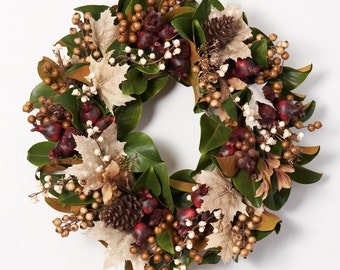 Rustic Autumn Harvest - Real Touch Magnolia with Cream & Brown Berries, Burgundy Pomegranate Fall Foliage Wreath