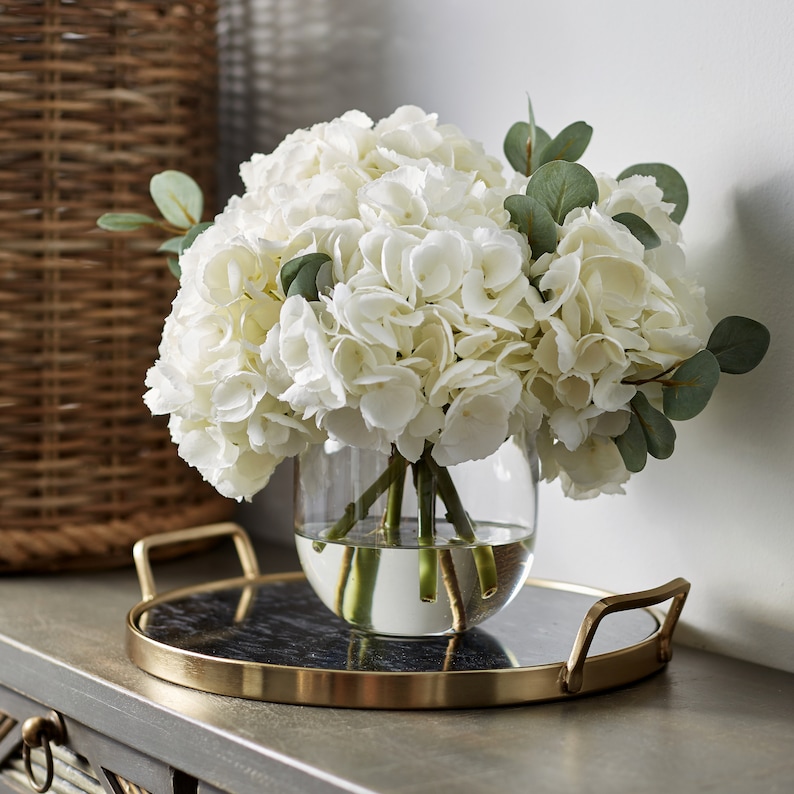 Large White Hydrangea & Eucalyptus Arrangement in Rounded Glass Vase image 1