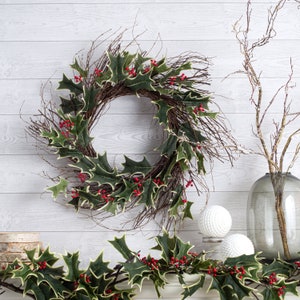 Variegated Holly Berry Christmas Holiday Wreath on Wispy Birch Twig Base