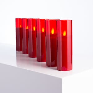 Moving Flameless LED Red Glass Pillar Candles with Remote Set of 6