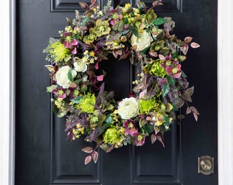 Amethyst Moods - Mixed Hellebores, Green Pincushion Protea & Begonia Leaf Spring Summer Front Door Wreath