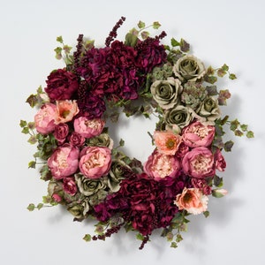 Autumn Florabundance - Mauve Hydrangea, Green Rose with Orange & Plum Ranunculus Front Door Fall Wreath