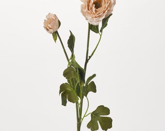 Vanilla Creme Linen Ranunculus Spray Bloom & Bud Faux Floral Stem - 26"