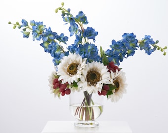 Lady Liberty - Cream Sunflowers, Blue Delphinium & Red Raspberry Patriotic Everyday Water Illusion Arrangement