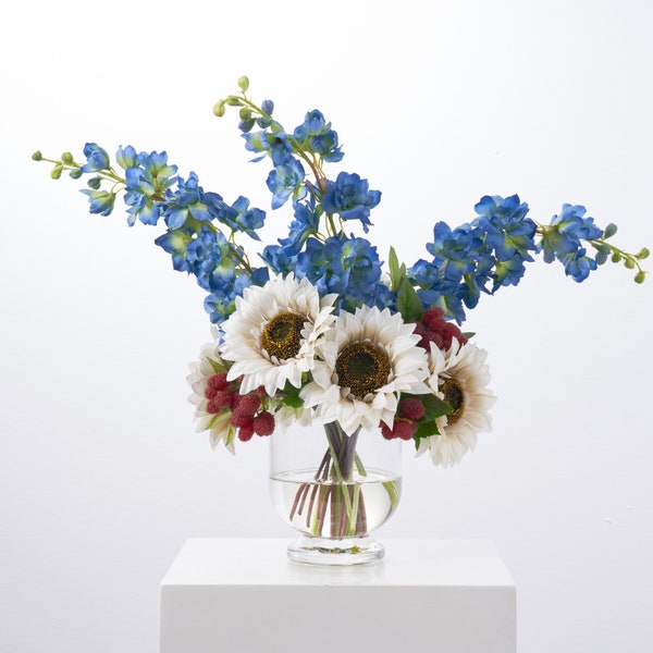Lady Liberty - Cream Sunflowers, Blue Delphinium & Red Raspberry Patriotic Everyday Water Illusion Arrangement