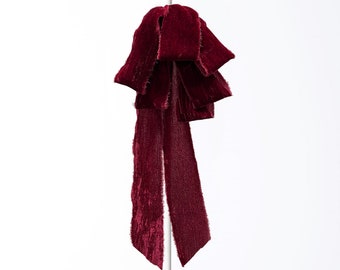 Burgundy Raw Edge Silk Velvet Velvet Lux Drape Loop Bow