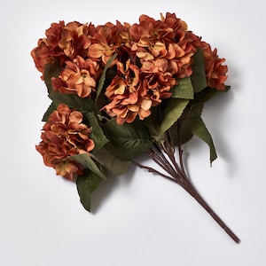 Rust Orange Silk Hydrangea Bush Faux Floral Bouquet - 21"
