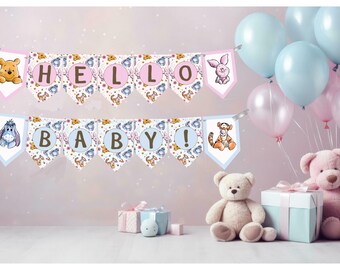 Pooh, Piglet, Tigger Hello Baby Pink or Blue Bunting Banner, Pooh Bear Baby Shower Bunting Banner, Classic Pooh Hello Baby Bunting Banner