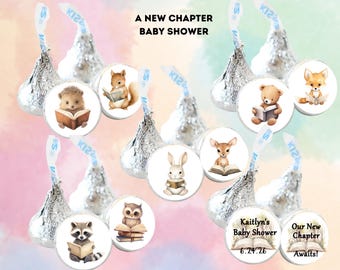 A New Chapter Animals Books Kiss Candy Round Labels, Baby Boy or Girl New Chapter Awaits Animal Books Kiss Stickers, Hershey Kiss Labels
