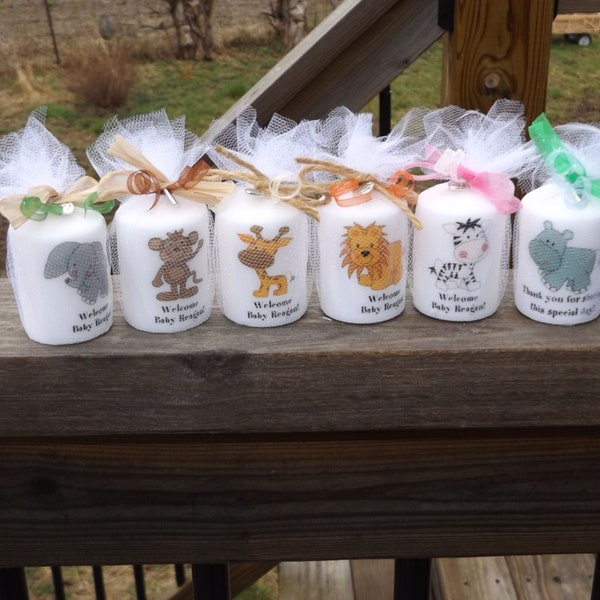 Baby Jungle Safari Animals Baby Shower Votive Candle Favors, Baby Shower Personalized Candles Elephant Candle, Giraffe Candle, Safari Favors