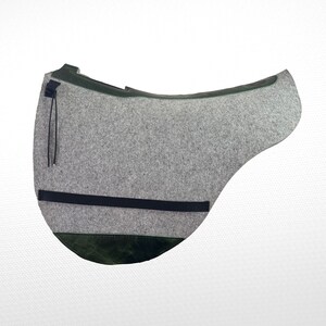 May include: Gray felt saddle pad with a green leather trim and a black strap.