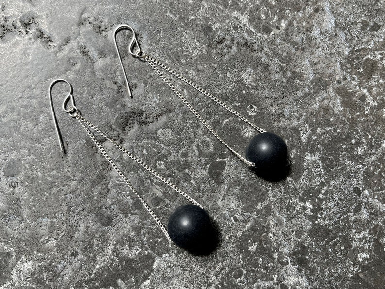 Sterling & Matte Onyx Round Pendulum Earrings image 4