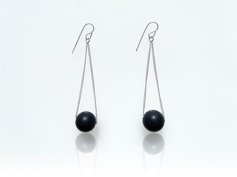 Sterling & Matte Onyx Round Pendulum Earrings image 1