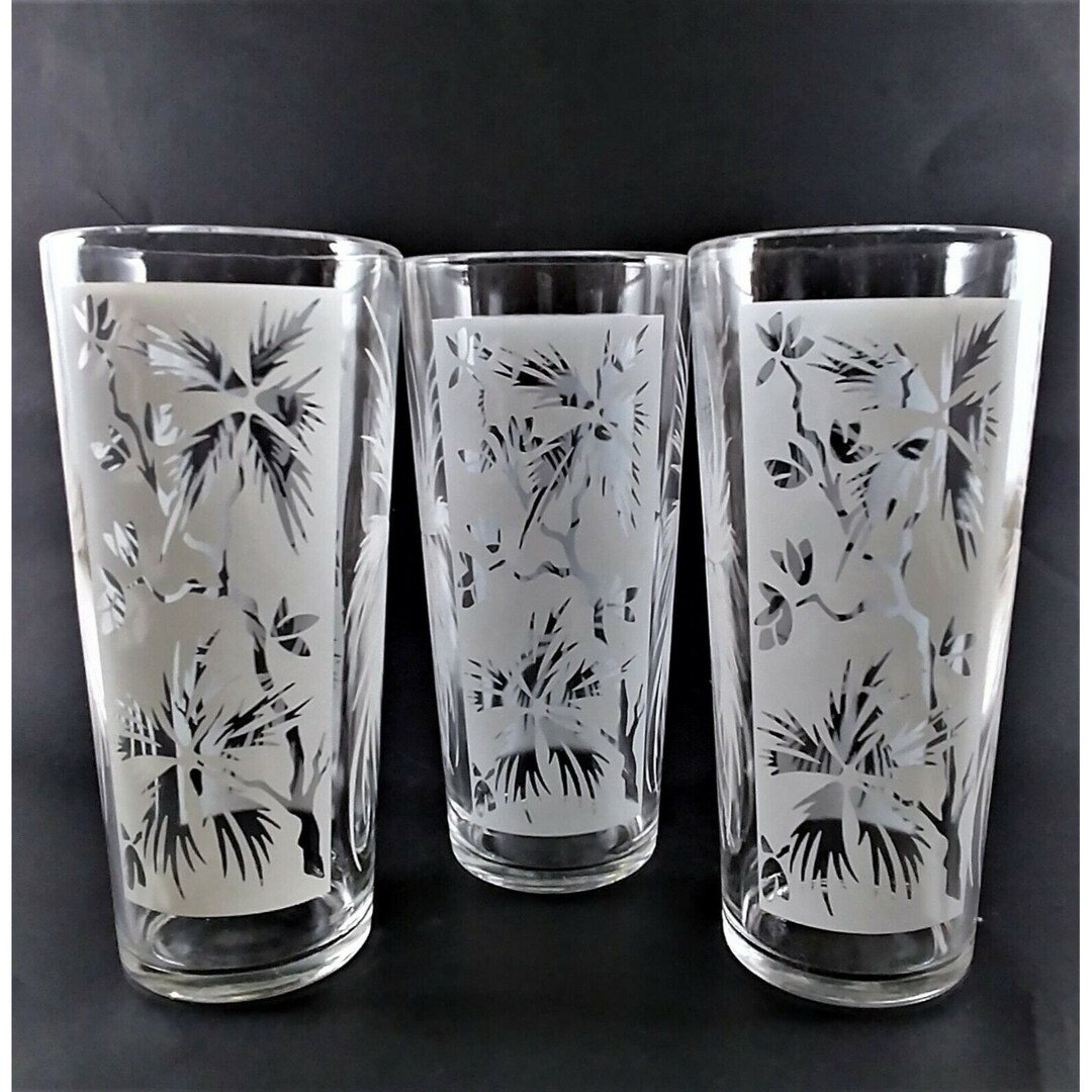 Vintage Tom Collins FB Tumblers Glasses Frosted Floral Trees Etsy