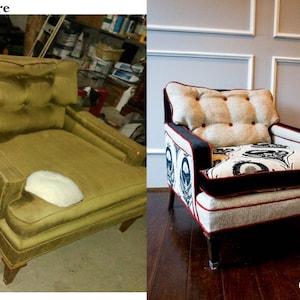 May include: Before and after images of an armchair. The armchair is green before and has a black and white patterned fabric with red trim after.