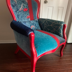 SOLD Call Of The Siren Blue and Red Patchwork Accent Chair