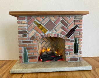 Masonry Miniatures- #114- Miniature fireplace crafted from handmade brick accented with wine bottles /1:12 scale