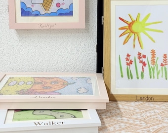 Children&#39;s Art Frame with Name,  Kids Art Display, Kids Artwork Art Print, Children Artwork Frame,Playroom Wall Art, Custom Wooden Art Frame