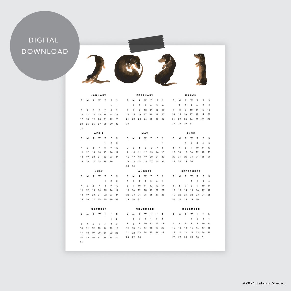 One Page 2021 Dachshund Dog Printable Calendar, Yearly Calendar, Dog ...