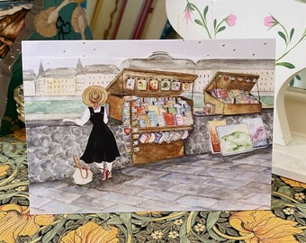 Les Bouquinistes Watercolor Greeting Card - Paris - Afternoon - Bookshop - Seine - Vintage - Booksellers - Books - Bibliophile