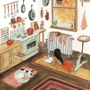October in the Kitchen Original Watercolor Art Print - Autumn  - Cozy - Cottagecore - October