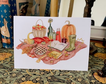 Autumn Picnic Watercolor Greeting Card - Autumn - October - Pie - Picnic - September