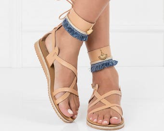 leather sandals,ankle wrap sandals,fringe sandals,boho greek sandals,elegant flat sandal,trendy sandal,bohemian chic sandal,decorated sandal