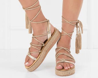 Gold platform sandals, jesus sandals, jerusalem sandals, platform sandals, gold, rope sandals, embellished platform sandals, womens platform