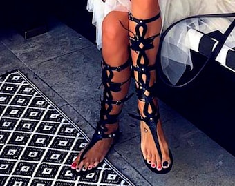 Gladiator lace up leather sandals, wedding sandals for women, strappy flat greek sandals