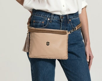 Creme fanny pack, small leather womens purse, leather wristlet clutch wallet, belt pouch waist bag, cross body belt bag