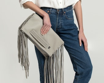 Beige leather clutch bag, envelope leather handbag, leather clutch bag, handbag girlfriend gift, leather clutch purse,  fringe purse