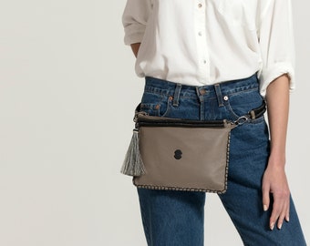 Taupe Leather waist bag, hand free belt bag for women, zipper pouch bumbag, small travel leather belt bag, hand free belt pouch hip bag
