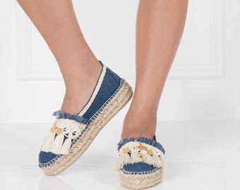 Embellished Espadrille,Denim Espadrille Shoes,Casual Espadrille Shoes,Womens Espadrilles,Denim Embellished Espadrille Shoes,Comfortable Shoe