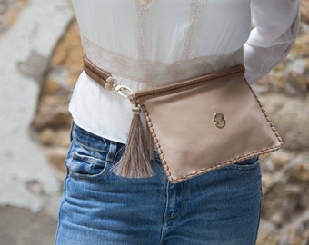 Creme Colored Leather Waist Belt Bag, Brown Hand Stitched Belt, Pouchette Bag, Travel Bag, Creme Leather Fanny Pack, Elegant Cross Body Bag