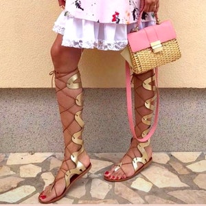 Gladiator leather sandals, gold lace up wedding sandals, greek strappy boho sandals image 1