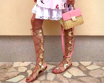 Gladiator leather sandals, gold lace up wedding sandals, greek strappy boho sandals