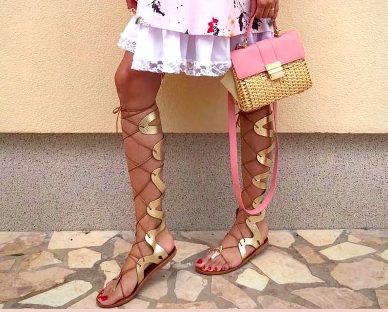 Gladiator leather sandals, gold lace up wedding sandals, greek strappy boho sandals image 1