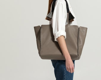 Bolso de cuero marrón / gris, regalo de bolso de cuero para esposa, bolso de noche, bolso boho, bolso de mujer de cuero grande, bolso de cuero hecho a mano