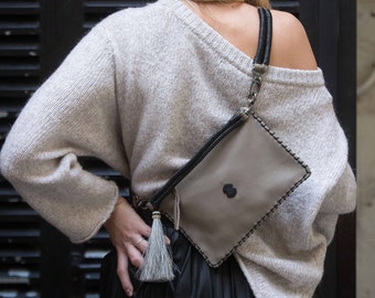 Taupe Leather Cross Body Bag, Borsa a corpo in pelle grigia, borsa per tutti i giorni, borsa in pelle piccola, Borsa Cintura, Borsa donna a tracolla