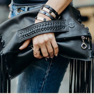 Bolso de cuero, bolso de embrague de sobre de flecos de cuero negro, embrague de flecos de bolso plegable de noche