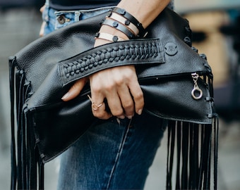 Leather purse, black leather fringe envelope clutch bag,  evening fold over purse