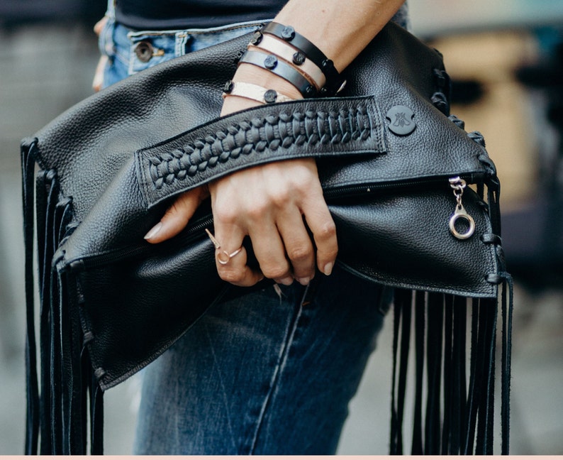Leather purse, black leather fringe envelope clutch bag, evening fold over purse image 1