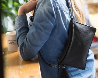 waist bag leather, fanny pack, boho belt bag, waist bag, belt bag for women,leather belt bag,cross body bag, Black leather Waist Belt Bag