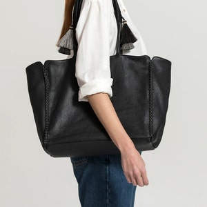 Soft leather bag ,Black leather tote shoulder bag,tote with pockets gift for her, leather handbag , embroidered bag leather satchel