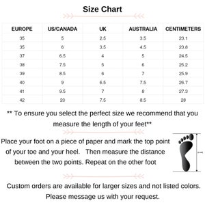 May include: Size chart for shoes with measurements in European, US/Canada, UK, Australia, and centimeters. The chart shows the corresponding sizes for each measurement system. The chart also includes a diagram of a foot with instructions on how to measure the length of your foot.
