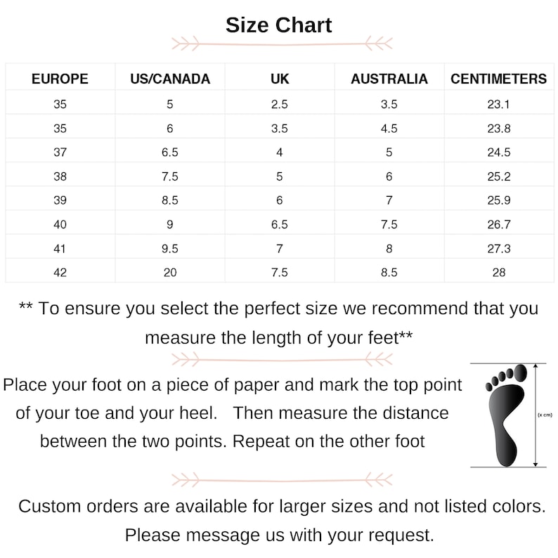 May include: Size chart for shoes with measurements in European, US/Canada, UK, Australia, and centimeters. The chart shows the corresponding sizes for each measurement system. The chart also includes a diagram of a foot with instructions on how to measure the length of your foot.